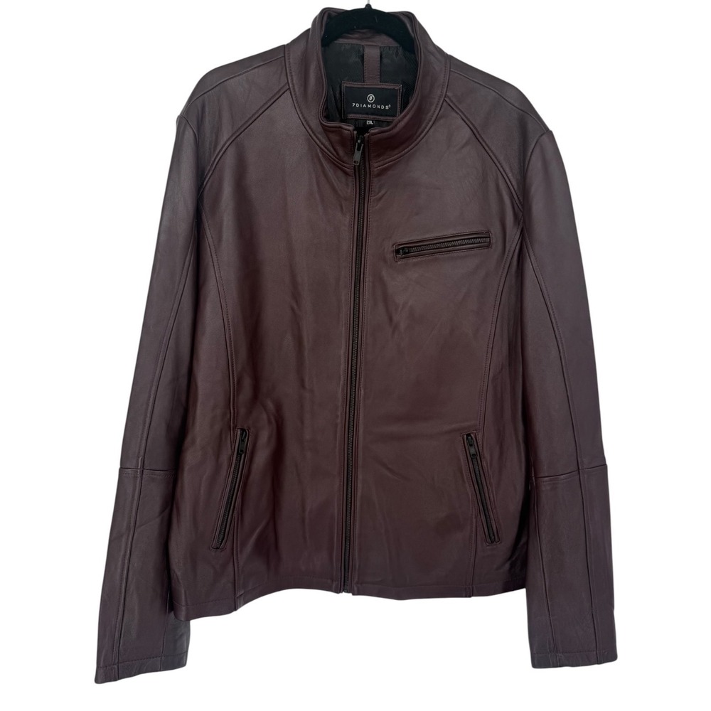 7 Diamonds Mens Norwell Full Zip Genuine Leather Moto Jacket Plum Size 2XL